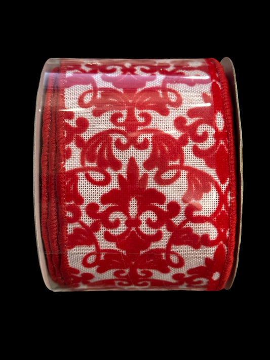 2.5” x 10 yd White with Red Felt Damask